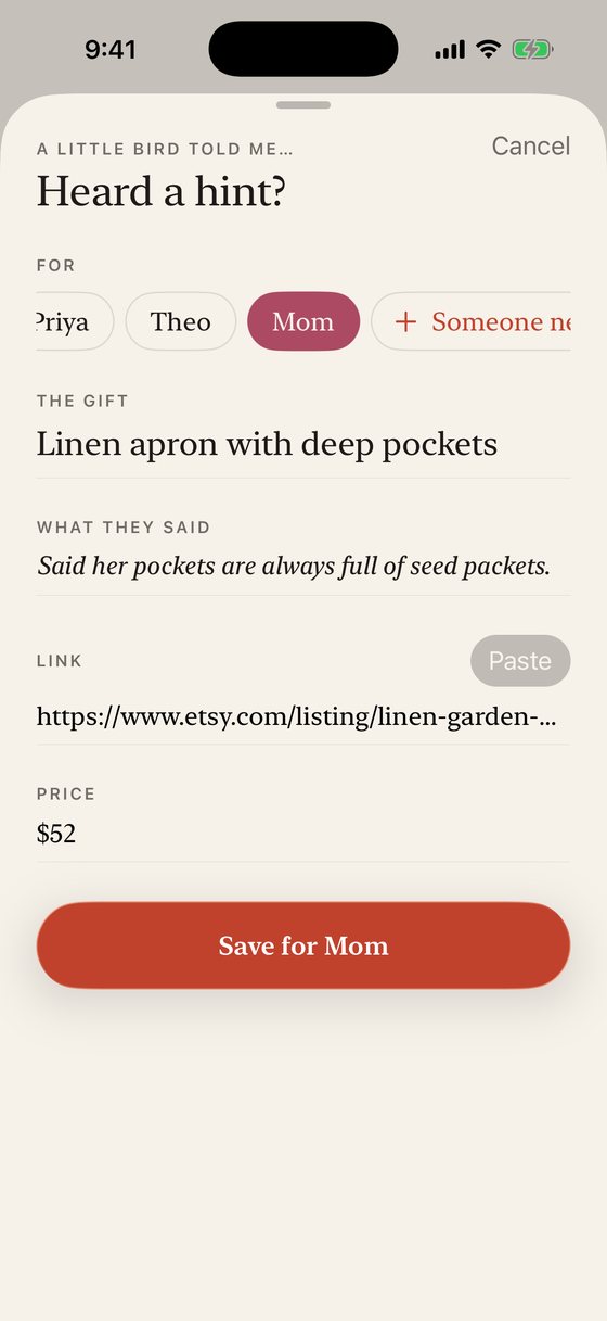 The capture sheet: a linen apron saved for Mom, with what she said and the price.