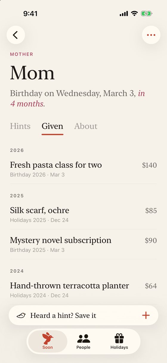 Mom’s gift history: a pasta class in 2026, a silk scarf and a novel subscription in 2025, a planter in 2024.