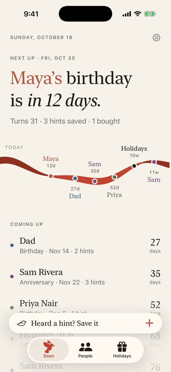 Little Bird on iPhone: “Maya’s birthday is in 12 days,” with a red ribbon timeline of upcoming birthdays.