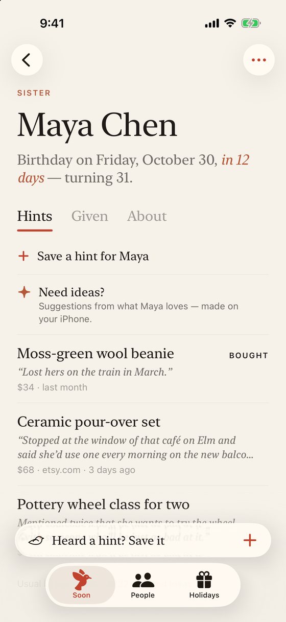Maya’s page: her birthday in 12 days and three saved hints.