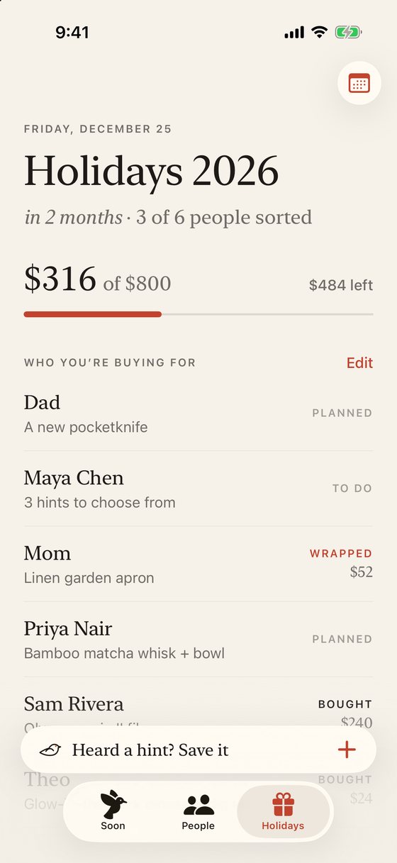 The Holidays 2026 planner: $316 of $800 spent and six people with their gift status.